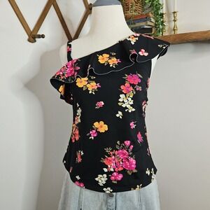 Lands End Womens One Shoulder Ruffle Tankini Top  Size‎ 8 Black Floral